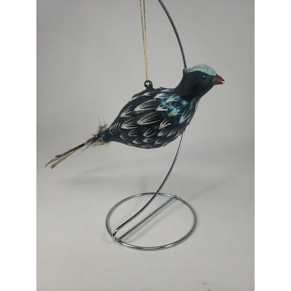 Blown Glass Bird Christmas Tree Ornament Feathers Glitter Dark Green Unique